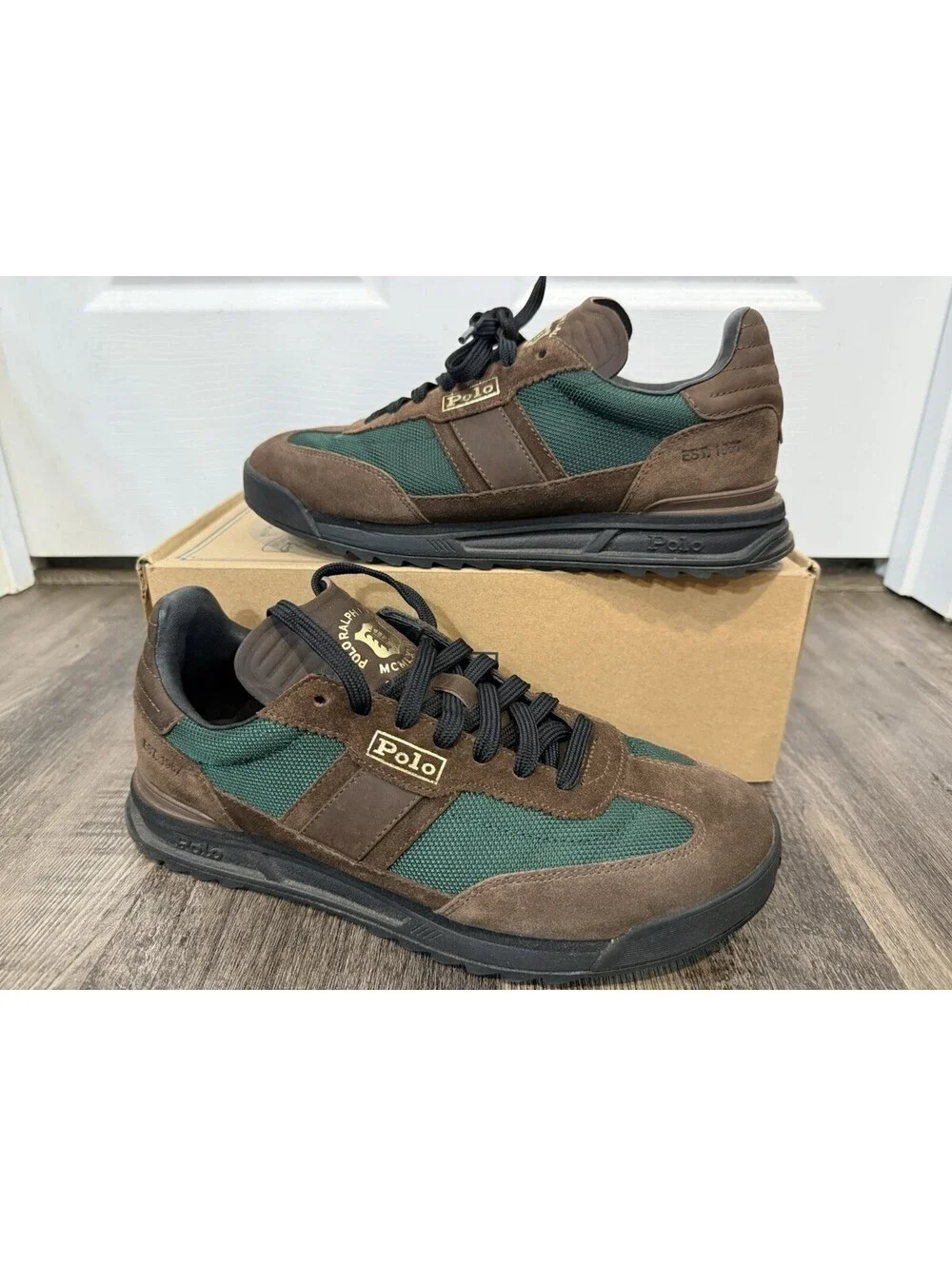Polo Ralph Lauren Varick Suede-Paneled Sneaker Chocolate Brown Forrest Green 7.5